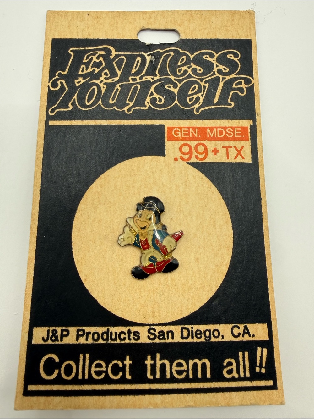 Vintage 70s Disney Jiminy Cricket Pin J&P Products San Diego Original Card NOS